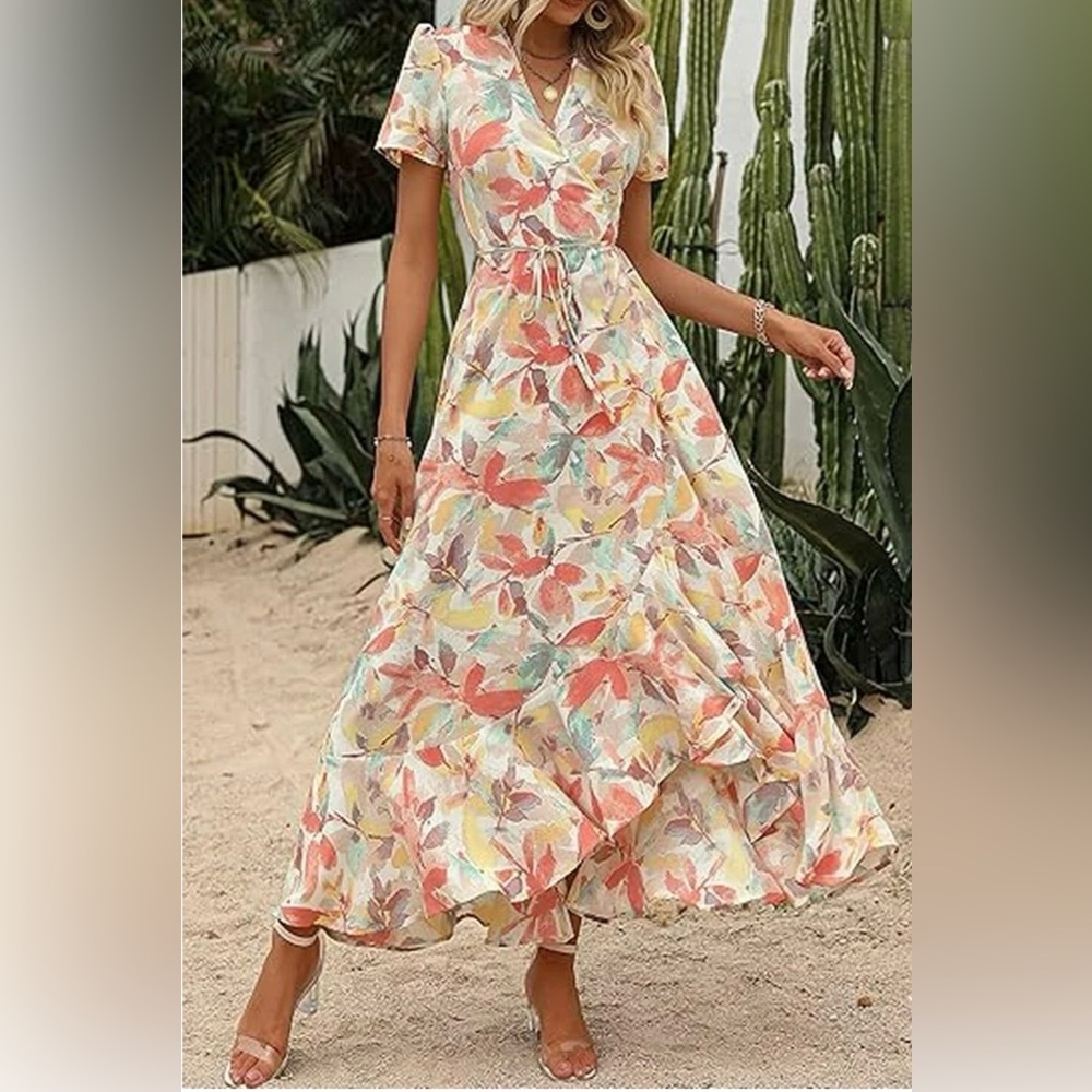 Pretty Garden Summer Wrap Maxi Dress Asymmetrical Ruffle Hem Boho Sz S - Picture 12 of 12